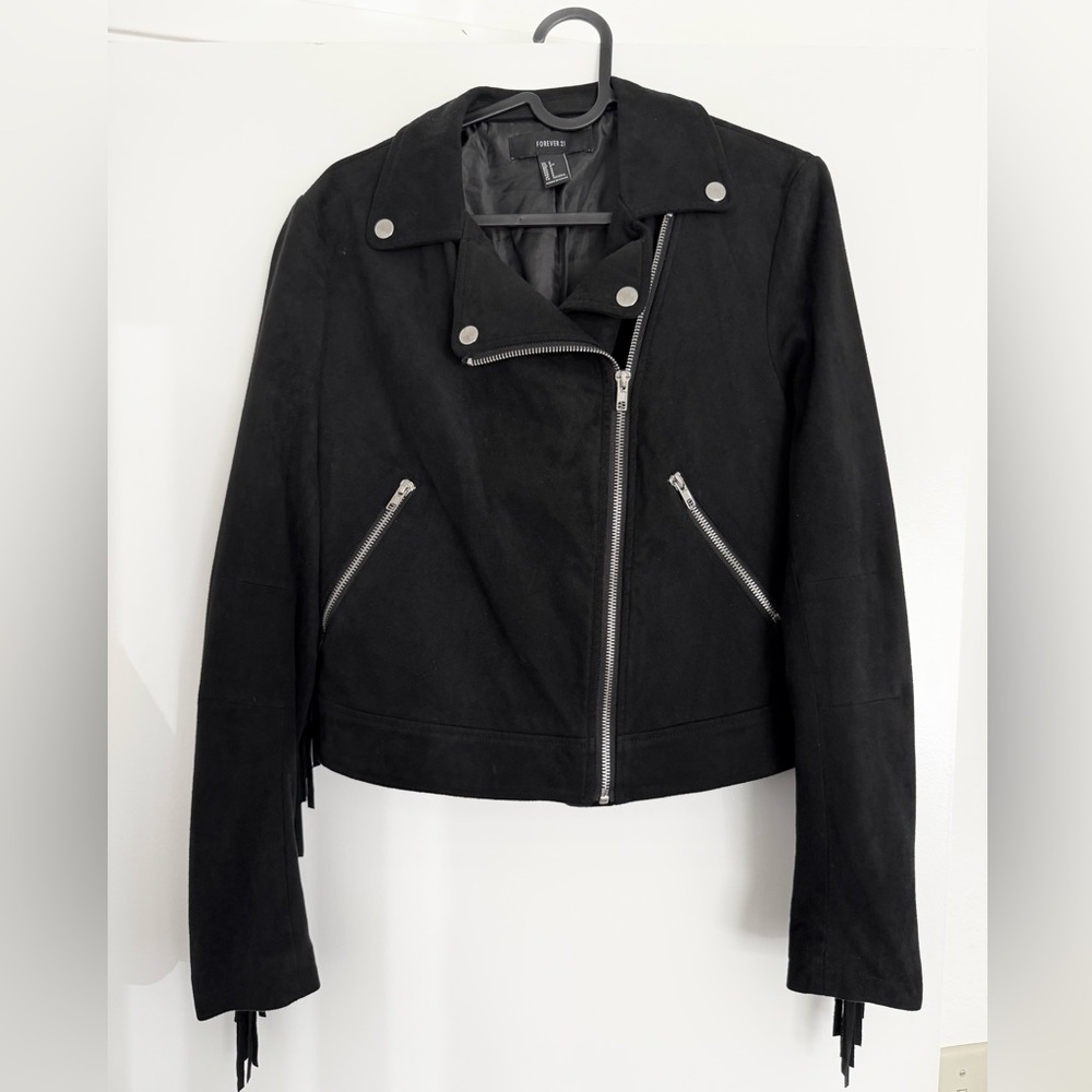 Faux Suede Black Biker Jacket with Tassels
